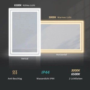 Emke LED Badspiegel mit Beleuchtung, Kaltweiß & Warmweiß, Anti-Beschlag, IP44. Vertikal/horizontal montierbar.