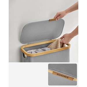 Grauer Songmics Wäschesammler Roxanne (65 l) mit Deckel und Bambusrahmen. Praktischer Wäschekorb für Bad oder Waschküche.