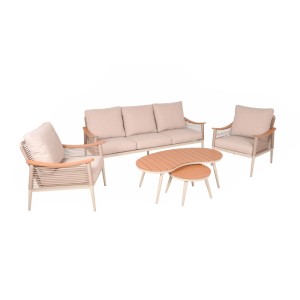 5-teilige Garden Pleasure Lounge-Gruppe Tulum in Sandbeige mit Sofa, Sesseln und Tischen.