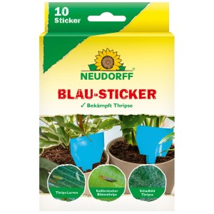 Neudorff Blau-Sticker Insektenfalle, 10 Stück. Zur Thripse-Bekämpfung an Zierpflanzen, ungiftig.