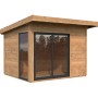 Hellbraunes Palmako Gartenhaus Andrea Slide Plus mit Schiebetür und Fenster.