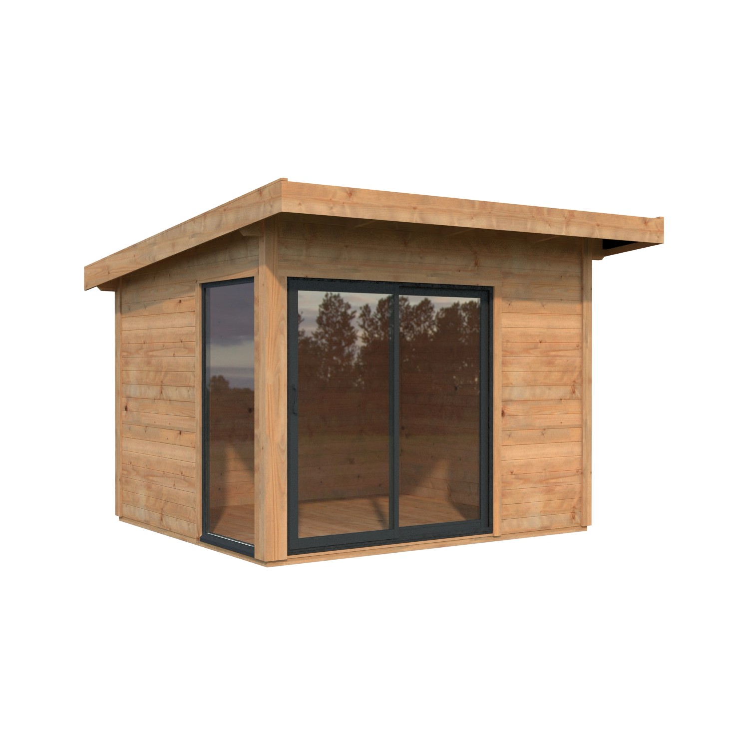 Hellbraunes Palmako Gartenhaus Andrea Slide Plus mit Schiebetür und Fenster.