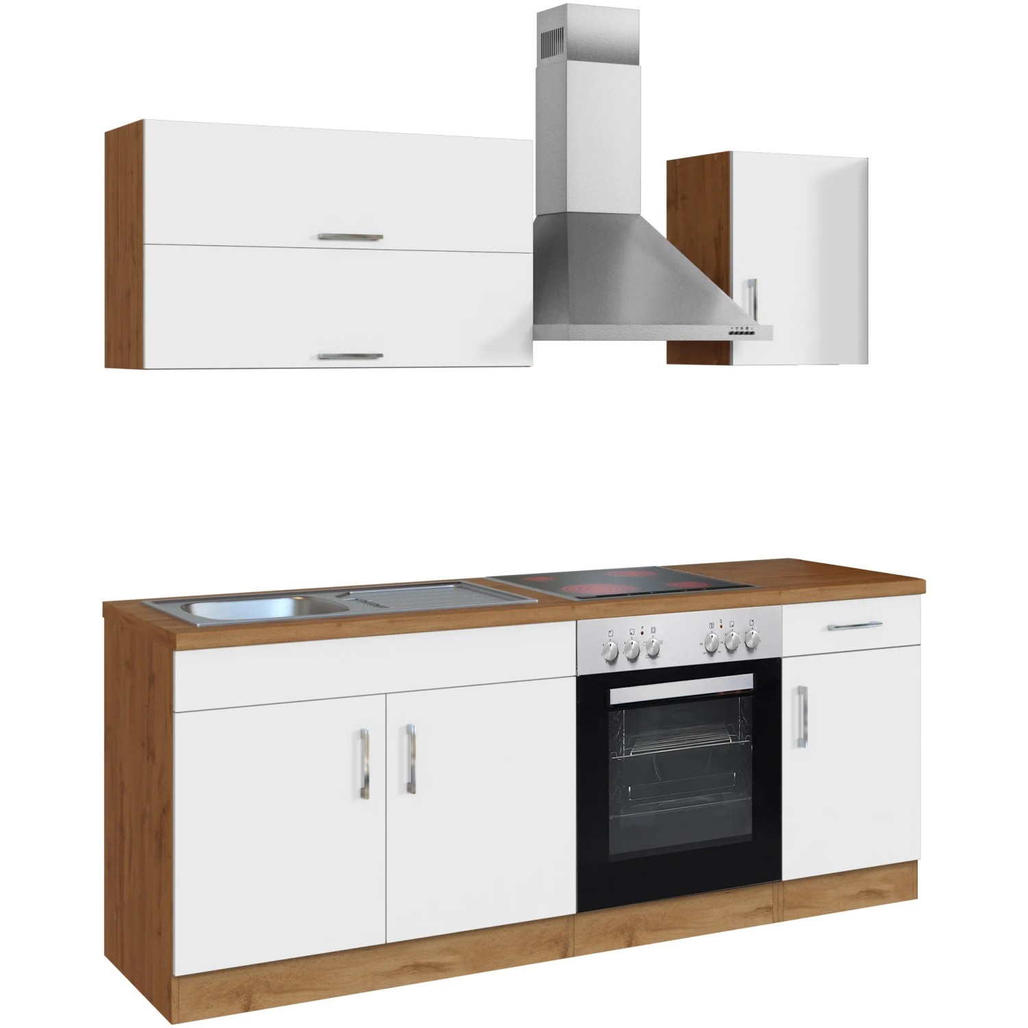 Held Möbel Küchenzeile Sorrento, 210 cm, Weiß und Wotaneiche Dekor mit Spüle, Herd und Dunstabzugshaube.