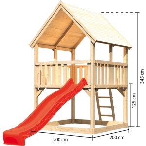 Karibu Spielturm Luis mit Satteldach und roter Rutsche, aus naturbelassener Fichte.