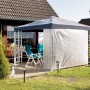 Weiße LUX Gewebeplane 2x3m als Windschutz an Pavillon im Garten.