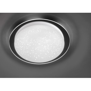 Chromfarbene LED-Deckenleuchte Skyler mit Sternenhimmel-Optik, Durchmesser 38 cm.