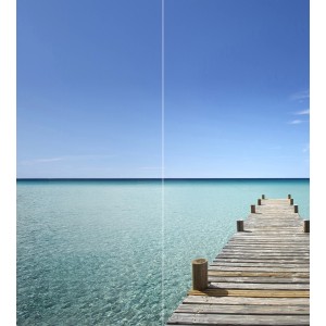 Schulte Duschrückwand mit Malediven-Motiv: Steg ins türkisfarbene Meer unter blauem Himmel.