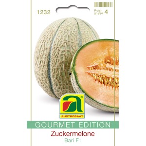 Austrosaat Zuckermelone Bari F1: Runde Melone mit Netzmuster und angeschnittener, orangefarbener Frucht.