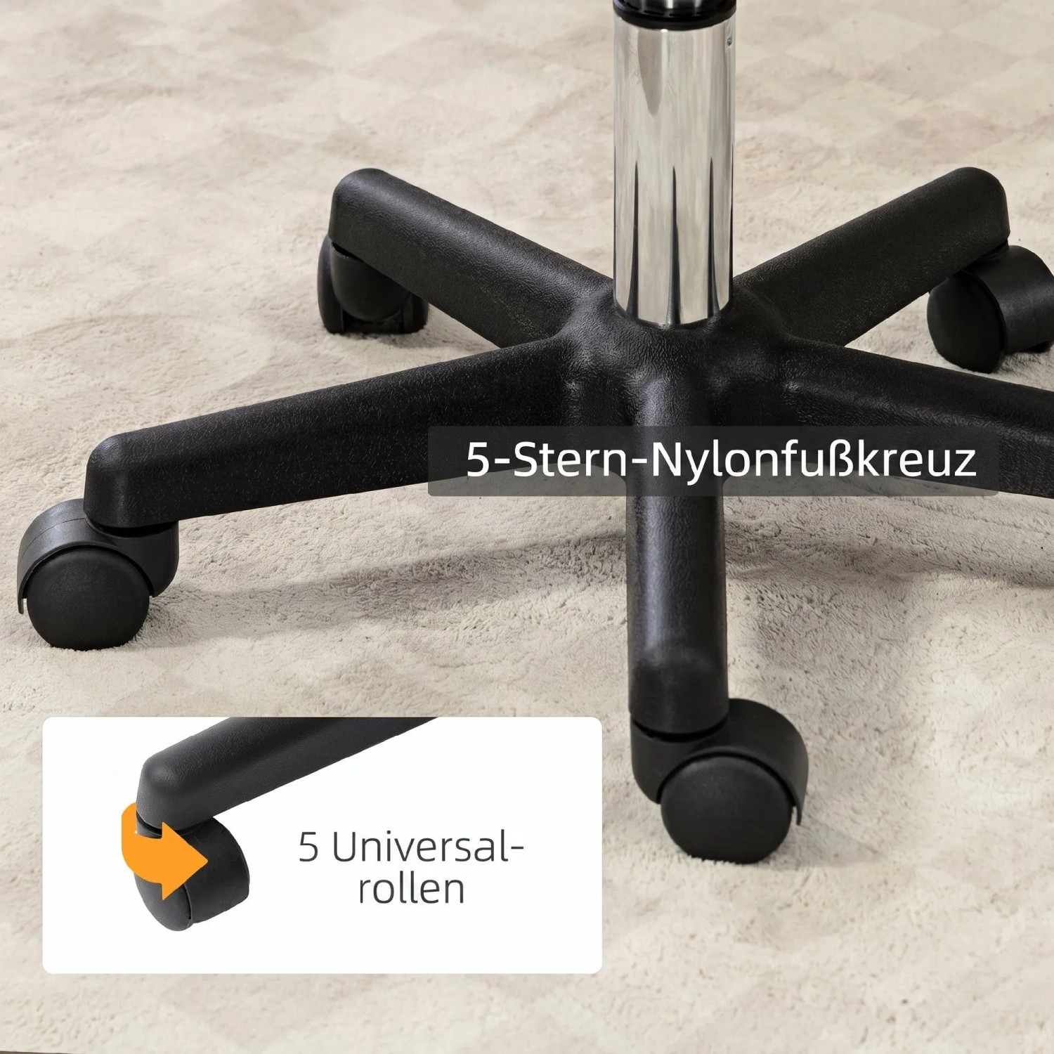 Schwarzes 5-Stern-Nylonfußkreuz des HOMCOM Salon Hockers mit 5 Universalrollen auf Teppich.