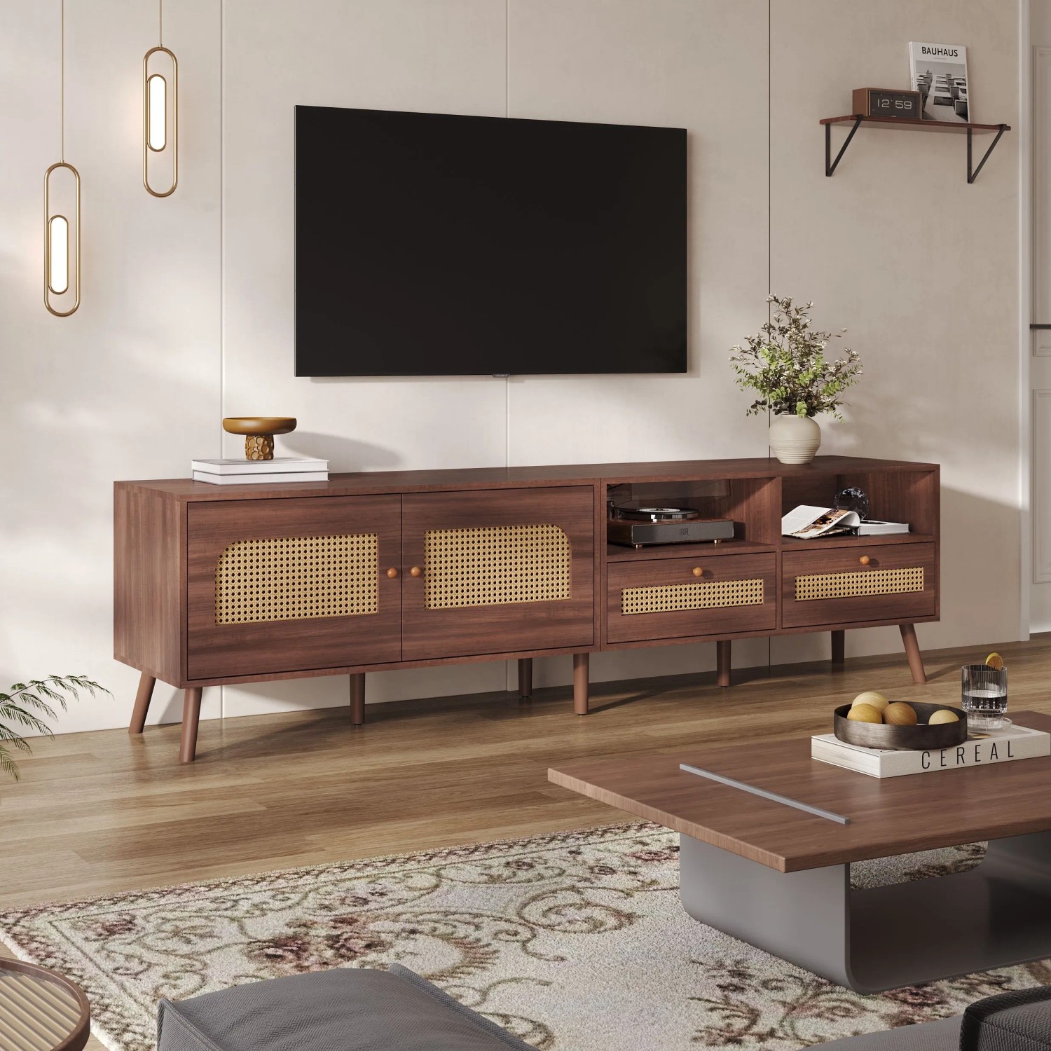 okwish TV Schrank mit Rattan Türen Schubladen Füßen Stauraum 200x37x49.5cm Braun_4