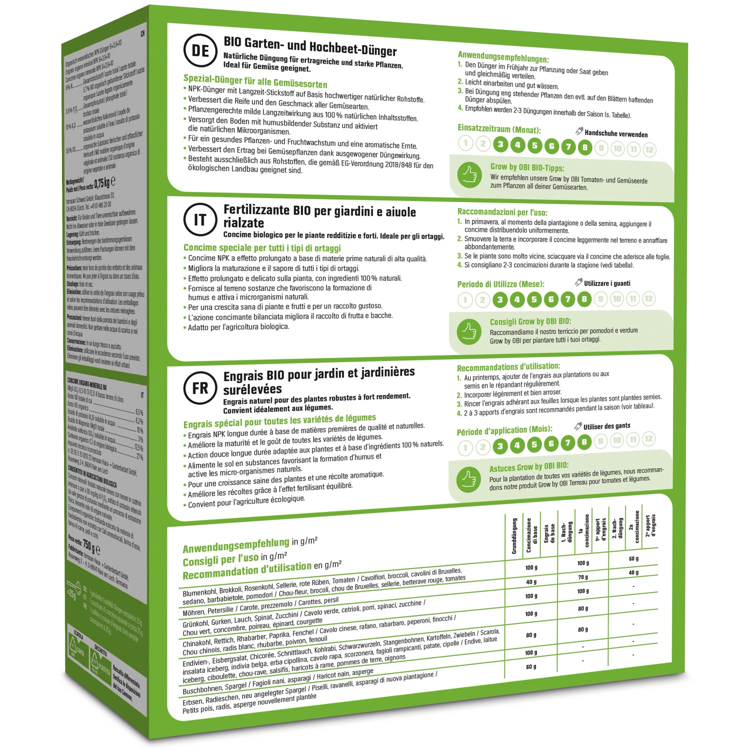 GROW by OBI BIO Garten- und Hochbeet-Dünger, 750g Packung für Gemüse.