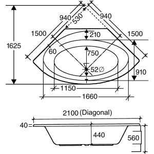 Technische Zeichnung Ottofond Canary Komfort Whirlpool 150 cm, Maße und Details.