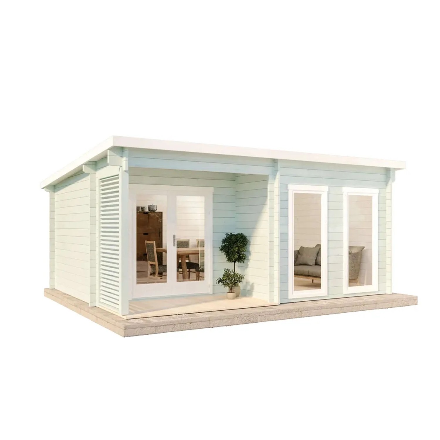 Unbehandeltes Alpholz Gartenhaus Orkus-44 mit Pultdach und Anbaudach.