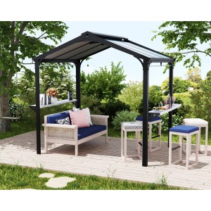 Schwarzer Palram Canopia Austin BBQ Pavillon mit Sitzbereich und Ablageflächen.