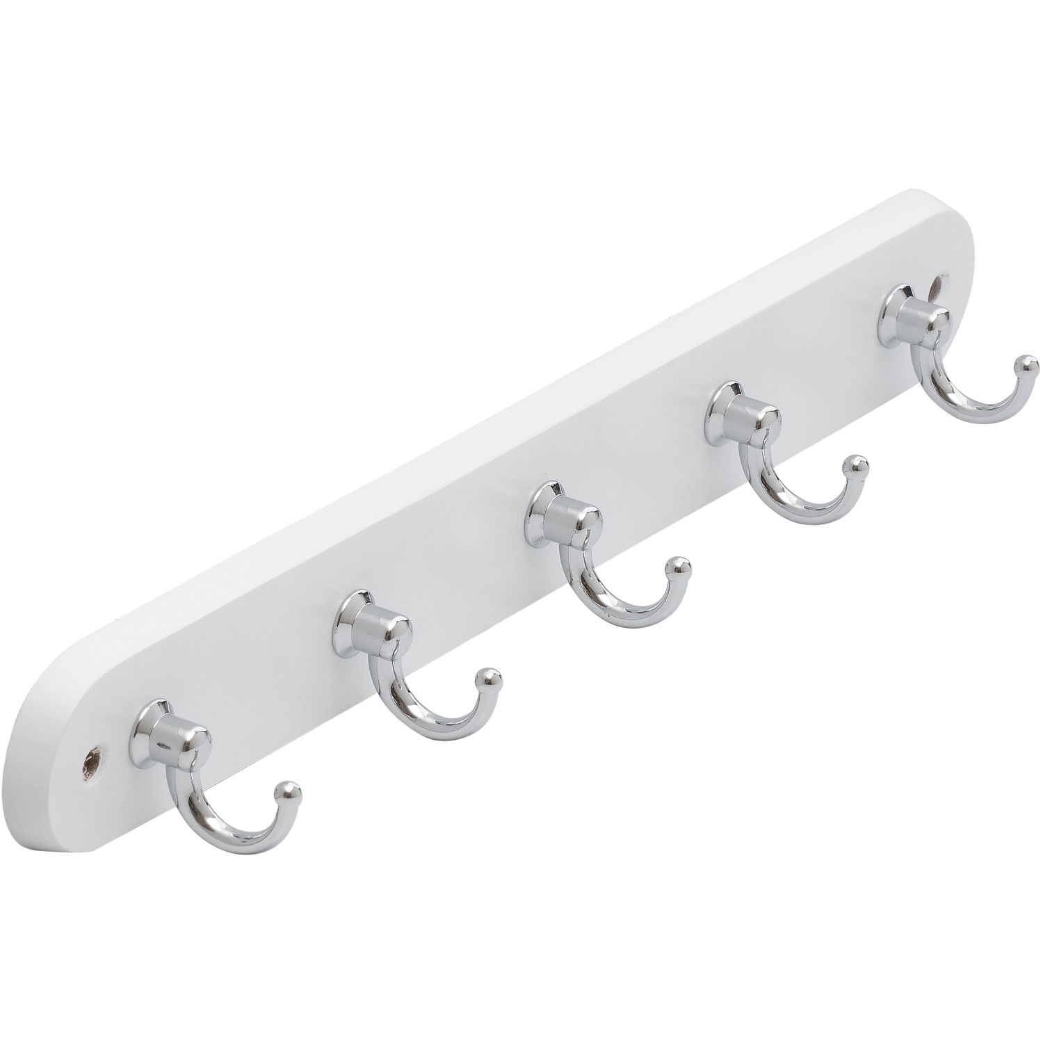 Weiße Siro Schlüsselleiste aus Buchenholz mit 5 Chromhaken, Länge 300 mm.