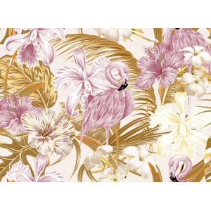 Fototapete mit rosa Flamingos, Blättern und Blüten in Orange und Rosa. Tropisches Design.