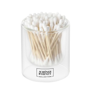 Schöner Wohnen Wattestäbchen im Glasbehälter. Badaccessoire mit Holzstäbchen und Wattepads.