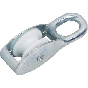 Verzinkte Blockseilrolle 40 mm mit weißer Kunststoffrolle und starrem Haken.