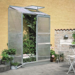 Halls Gewächshaus Altan 2 aus Alu, 0,91 m², Anlehngewächshaus mit Pflanzen.