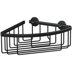 Schwarzer, matter Tesa Aluxx Eckduschkorb zur Wandmontage mit Klebelösung.