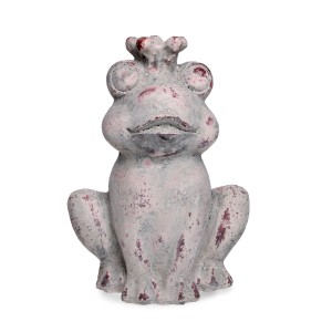 Sitzender Deko-Frosch mit Krone, 28,5 cm, aus Beton in Grau-Weiß für die Gartendekoration.