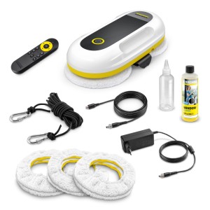 Kärcher Fensterputzroboter RCW 2 Set: weiß-gelber Roboter, Fernbedienung, Sicherungsseil, Reinigungspads.