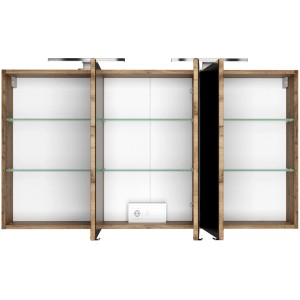 Held Möbel 3D-Spiegelschrank Bari 120 cm in Wotaneiche mit LED-Leuchten und Glasböden.