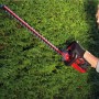 Einhell Akku-Heckenschere Arcurra 18/55 beim Heckenschnitt. Rot, mit silbernen Messern.