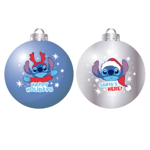 Disney Stitch Deko-Kugeln: blau mit Rentier-Stitch 'Happy Holidays', silber mit Santa-Stitch 'Santa's Here'.