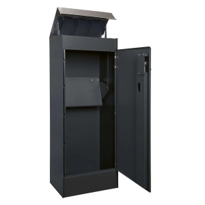 Offener, anthrazitfarbener Renz Paketkasten Parcello S mit Edelstahlklappe. Ideal für kontaktlose Paketzustellung.