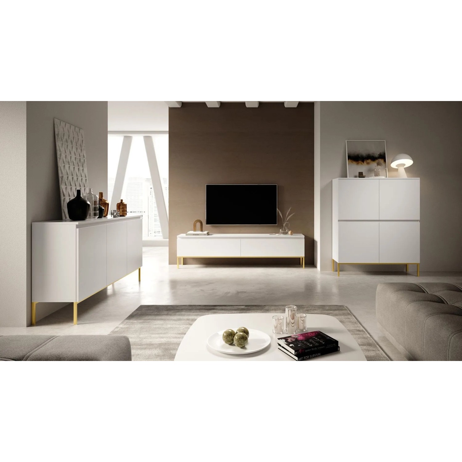 Selsey Sideboard Bemmi 150 cm, weiß, mit drei Türen und goldenen Metallbeinen in einem modernen Wohnzimmer. Vielseitige Kommode.