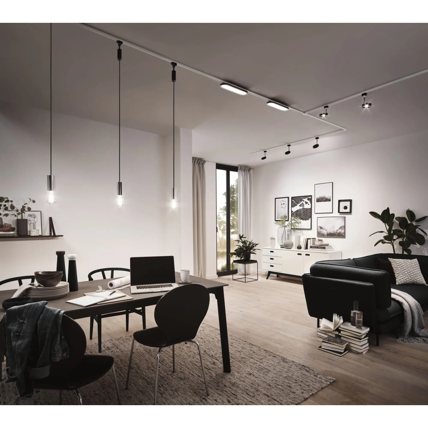 Wohnraum mit Paulmann URail Schienensystem in Signalweiß, flexibel und modern.