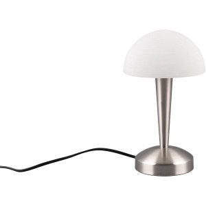 Moderne Reality Tischleuchte Canaria in Nickel matt mit weißem Glasschirm.