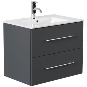 Posseik Badmöbel Homeline 70 Grafit: Waschbeckenunterschrank mit zwei Schubladen und Keramikwaschbecken.