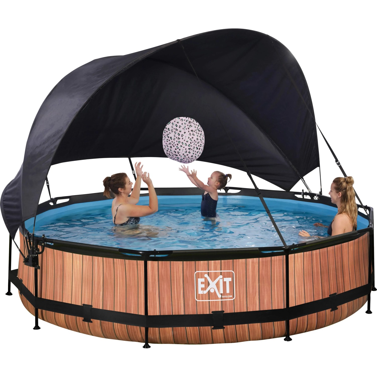 EXIT Wood Pool, braun, ø 360 cm mit Sonnensegel und Familie im Wasser.