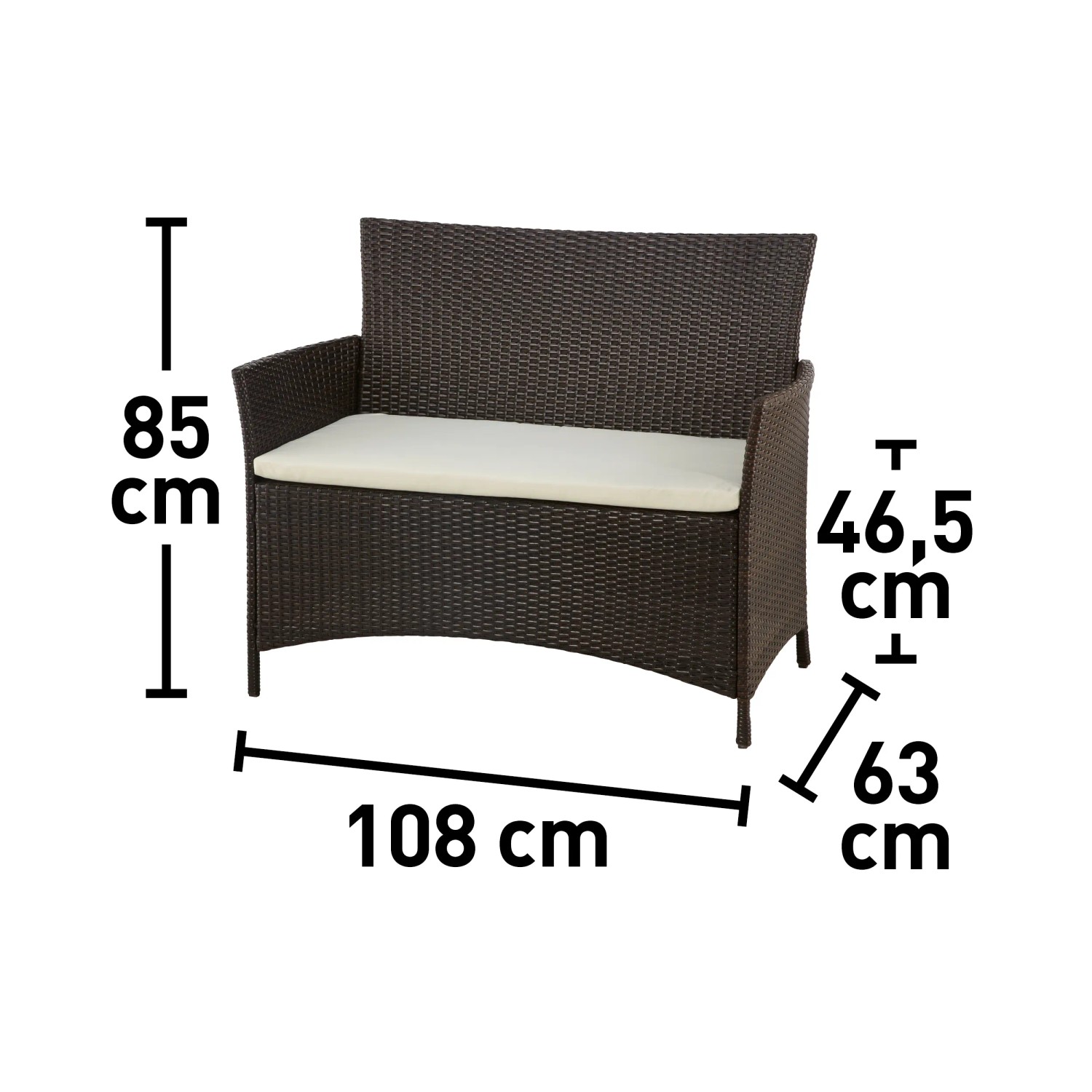 Canera Gartenmöbel-Set, 2-Sitzer Sofa aus Polyrattan in Braun mit beiger Auflage, Maße eingezeichnet.