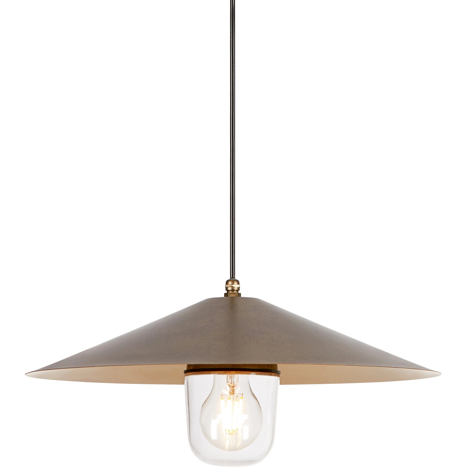 baliv Moss Green Pendelleuchte in Antikgold mit Glasschirm und sichtbarer Glühbirne.