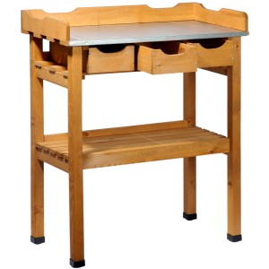 Pflanztisch aus Holz mit verzinkter Arbeitsfläche, 3 Schubladen und 2 Ablagen für Gartenwerkzeug.