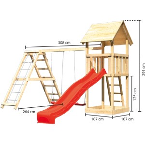 Karibu Spielturm Lotti mit roter Rutsche, Doppelschaukel und Klettergerüst aus naturbelassenem Holz.