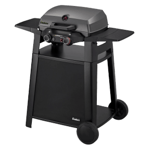 Enders eUrban Pro 2 Turbo Elektrogrill auf schwarzem Trolley mit Seitenablagen und grauer Haube.