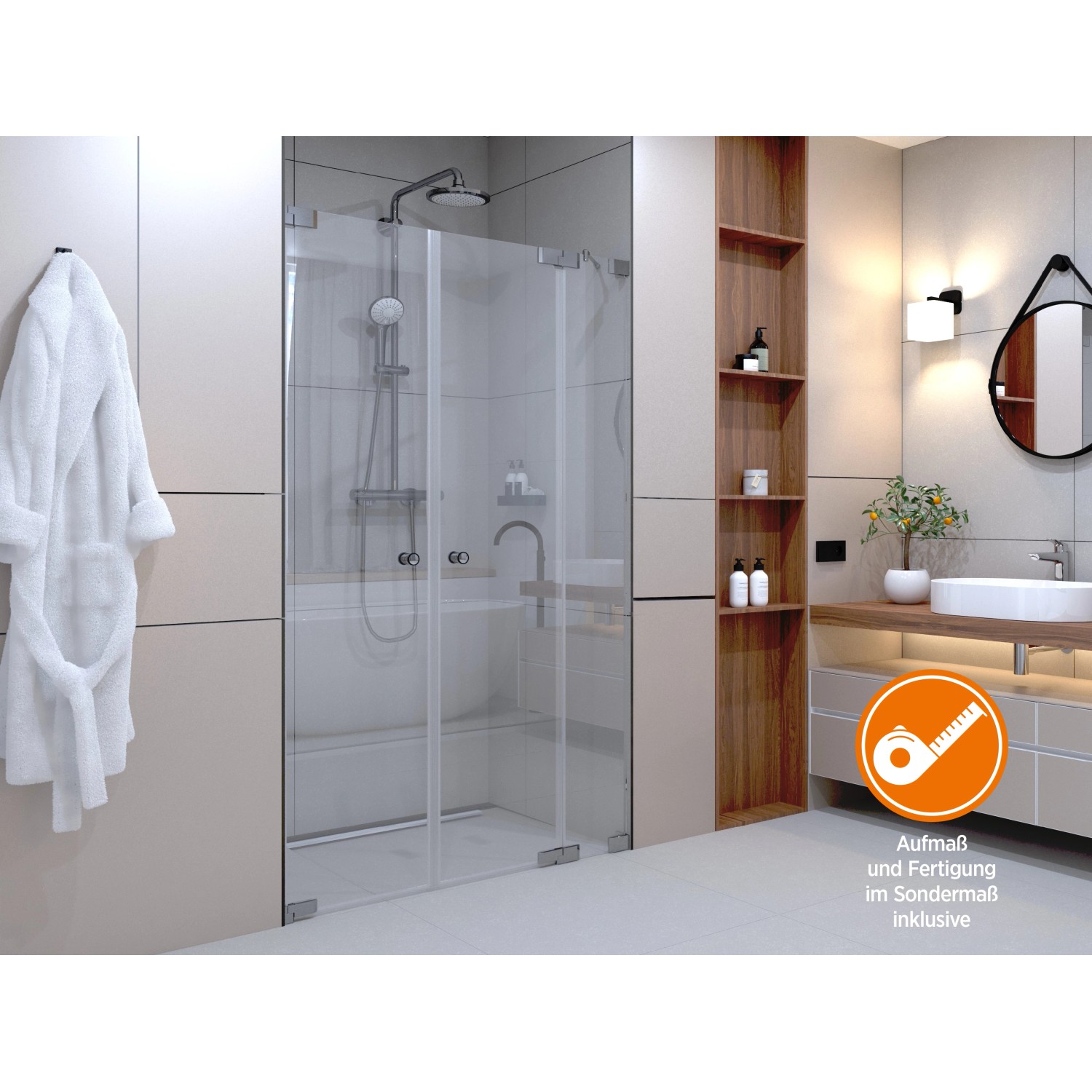Dusch-Pendeltür Brava Chrom, Sonderanfertigung mit Festteil in Nische. Rahmenlose Duschabtrennung im Badezimmer.