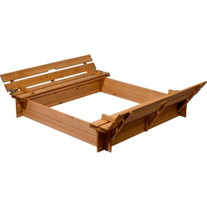 Holz Sandkasten mit Deckel und Sitzbank (FSC® zertifiziert).