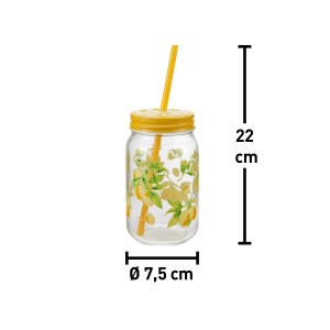 Glas-Trinkflasche mit gelbem Zitronenmuster, 22 cm hoch, ideal für Camping und unterwegs.