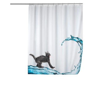 Wenko Anti-Schimmel Duschvorhang Cat, mehrfarbig, mit Katzenmotiv und Wasserwelle.