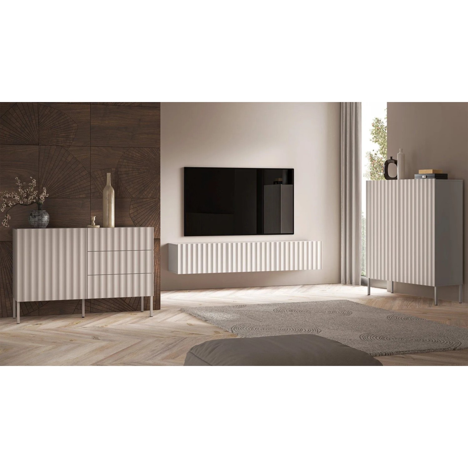 Selsey Highboard Derriva in Kaschmir mit gerillten Fronten, zwei Türen, im modernen Wohnzimmer. Hoher Stauraum.