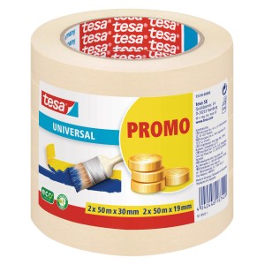 Tesa Universal Klebeband Beige, 2 Rollen: 30 mm und 19 mm breit, je 50 m lang.