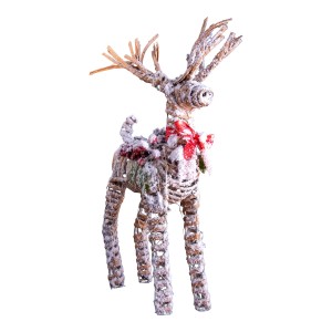Näve LED Weihnachtsdeko Rentier aus Naturmaterial mit roter Schleife, beleuchtet.