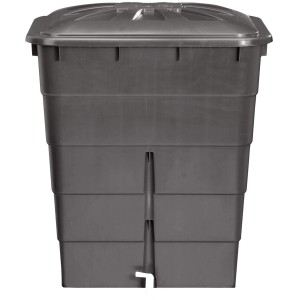 Eckige, graphitgraue Garantia Regentonne mit Deckel und Hahn, 300 l Fassungsvermögen.