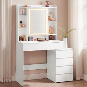 Weißer Songmics Schminktisch Kailyn (117,5 cm) mit Schubladenschrank und LED-Spiegel.