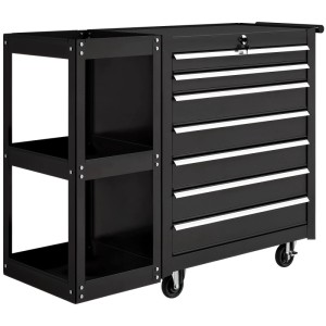 Schwarzer Stahl Werkstattwagen/Werkzeugschrank mit 7 Schubladen, Regal & Rollen. Abschließbar für sichere Aufbewahrung.